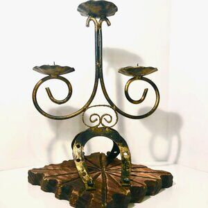 Wooden Vintage Brutalist Candelabra with horseshoe base. Made in Spain.